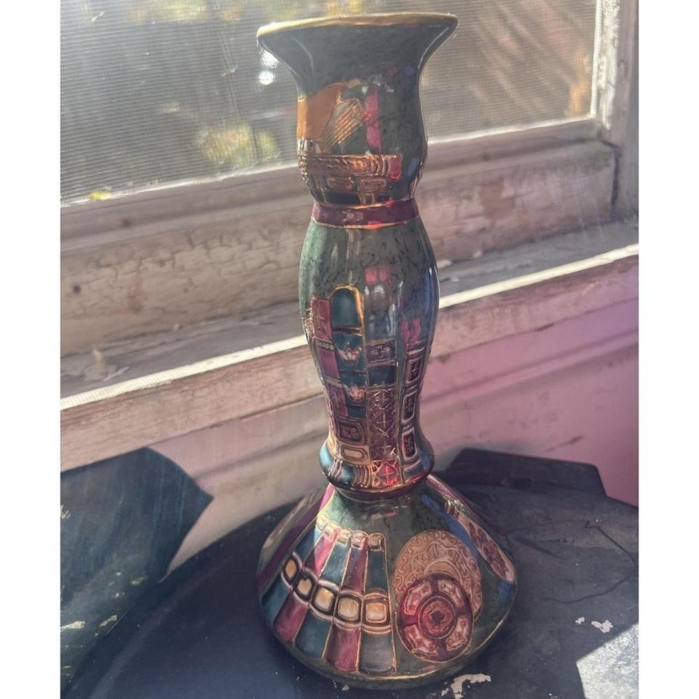 Decorative Porcelain Candlestick Holder Gilt Green Multicolor Asian Motif Enamel